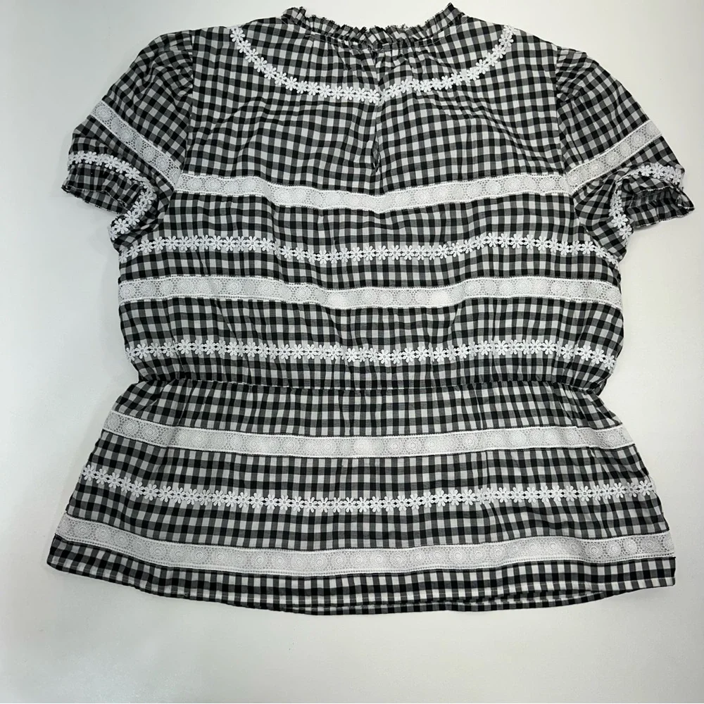 J. Crew Black and White Gingham Smocked Waist Puff Sleeve Blouse